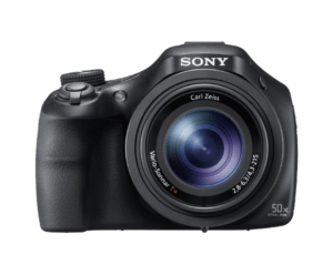 Sony Bridgekamera Vorderseite, Sony Kamera mit fest verbautem Megazoomobjektiv von Carl Zeiss Jena, Objektiv nicht wechselbar