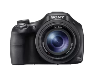 Sony Bridgekamera Vorderseite, Sony Kamera mit fest verbautem Megazoomobjektiv von Carl Zeiss Jena, Objektiv nicht wechselbar