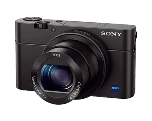 Sony RX 100 III Edelkompaktkamera Rückseite, Objektiv von Zeiss fest integriert, großer CMOS bzw. APS-C Sensor