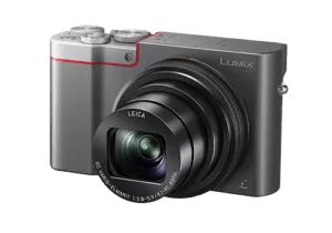 Kamera, Lumix Leica Edelkompaktkamera, premium Kompaktkamera, Edelkompaktkamera, fest verbautes und integriertes Objektiv, Frontansicht