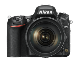 Nikon D750 Spiegelreflexkamera Vorderseite mit Objektiv, DSLR von Nikon mit Vollformatsensor, Kamerasystem von Nikon